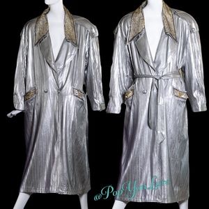Silver 90'sTrench Coat;Sequin Collar;Pockets